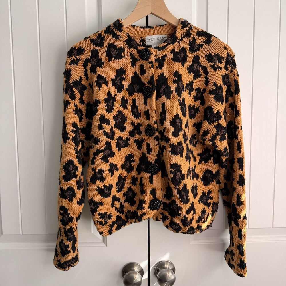 Vintage Artisan Wear Leopard Animal Print Beaded Cardigan Sweater M Ramie Cotton